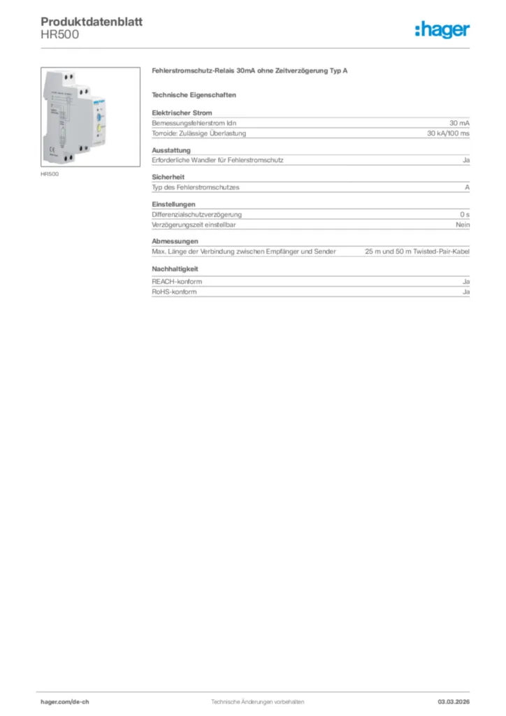 Bild Hager Produktdatenblatt HR500 | Hager Schweiz