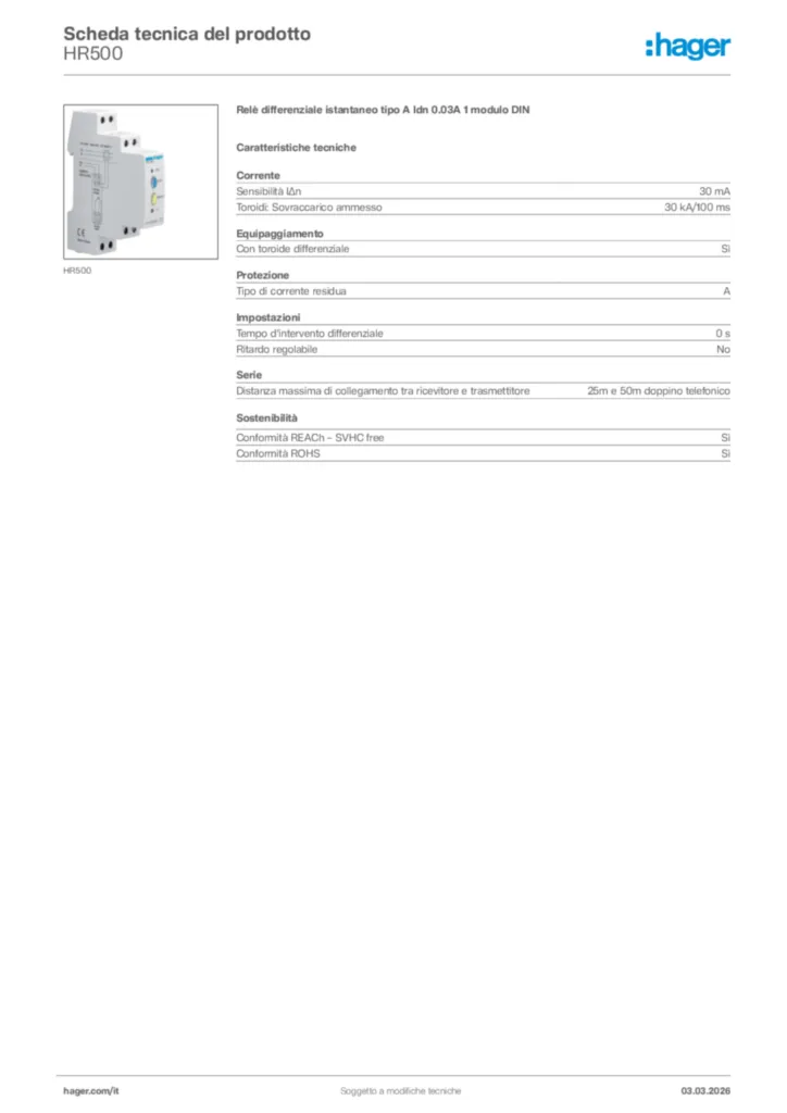 Immagine Hager Scheda tecnica del prodotto HR500 | Hager Italia