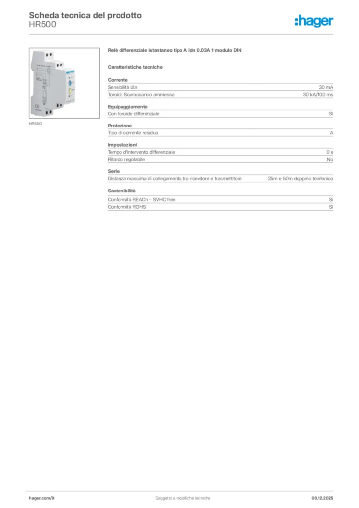 Immagine Hager Scheda tecnica del prodotto HR500 | Hager Italia