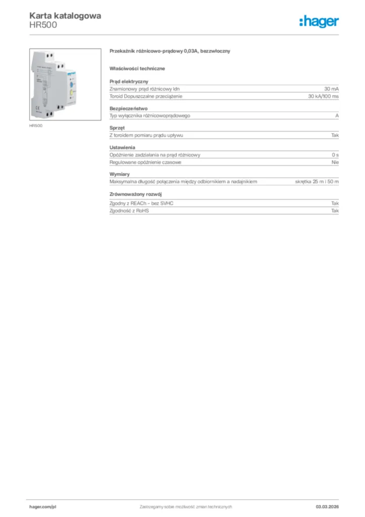 Zdjęcie Hager Karta katalogowa HR500 | Hager Polska