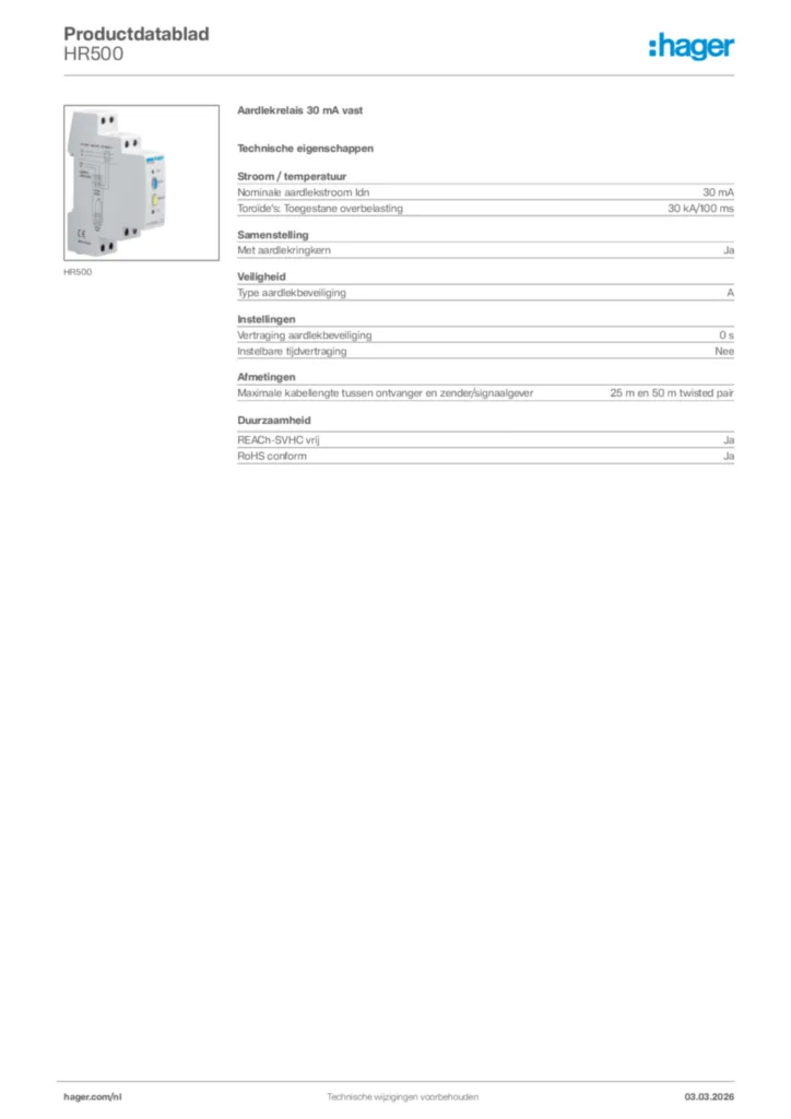 Afbeelding Hager Productdatablad HR500 | Hager Nederland