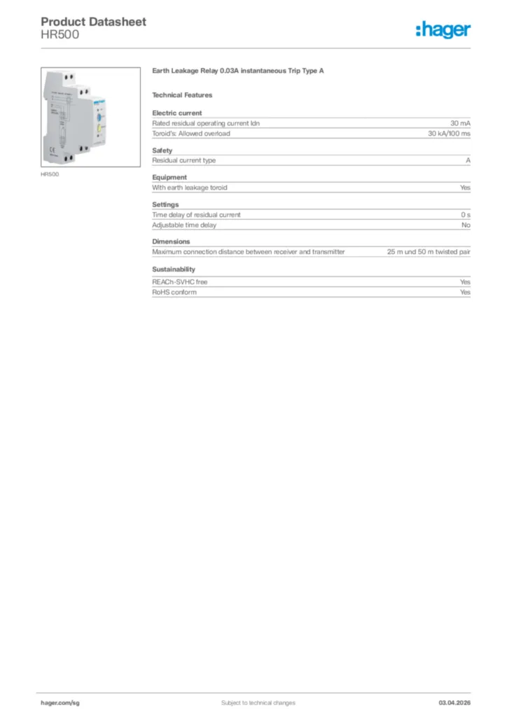 Image Hager Product data sheet HR500  | Hager