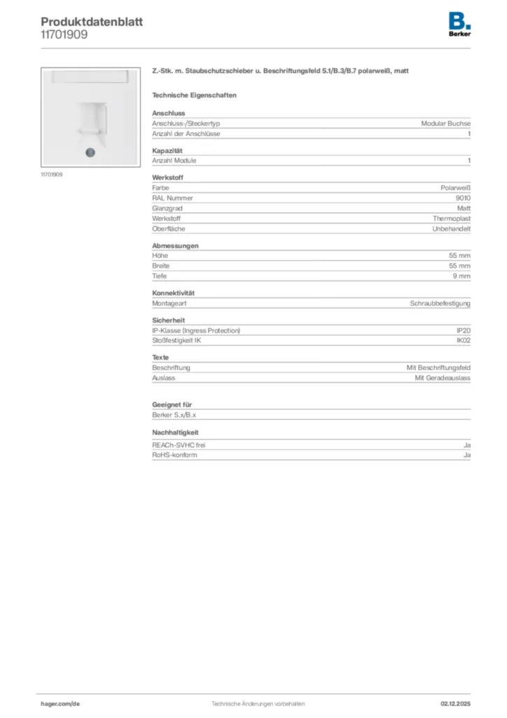 Bild Berker Produktdatenblatt 11701909 | Hager Deutschland