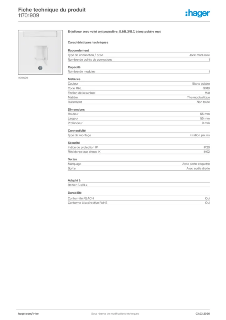 Image Hager Fiche technique du produit 11701909 | Hager Belgique