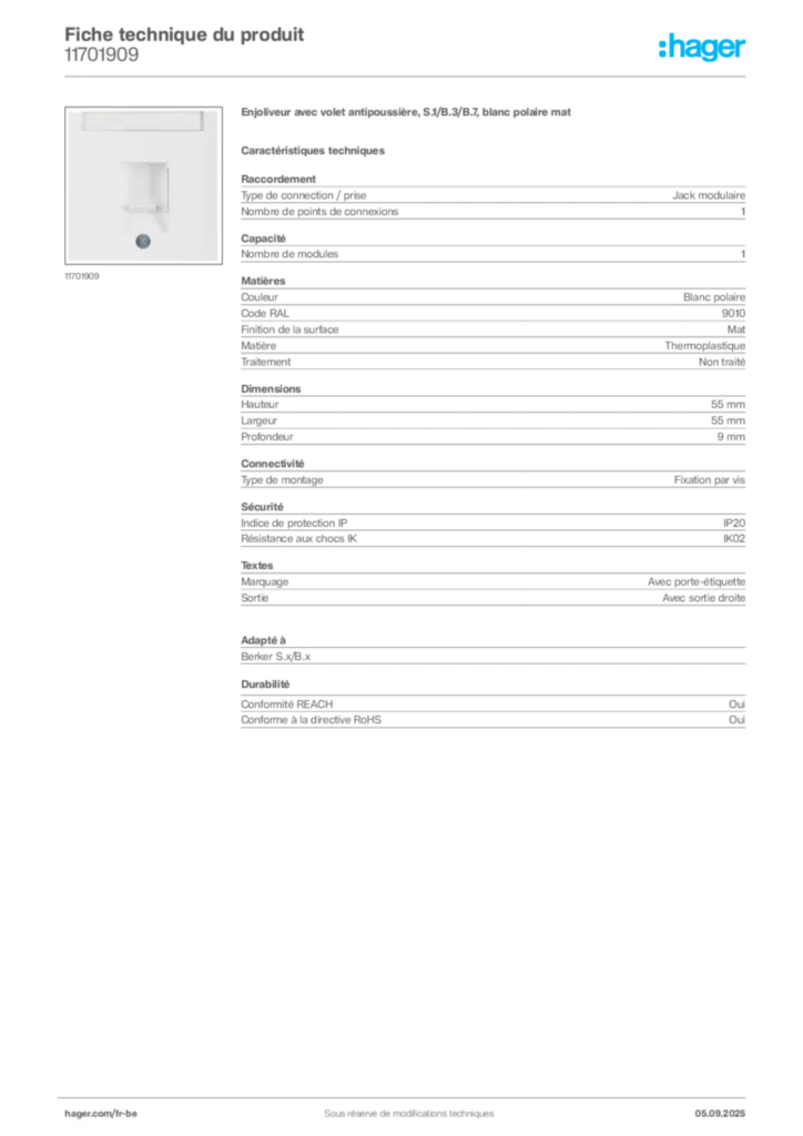 Image Hager Fiche technique du produit 11701909 | Hager Belgique