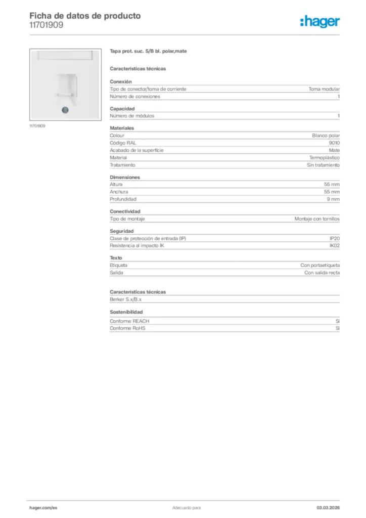 Imagen Hager Ficha de datos de producto 11701909 | Hager España