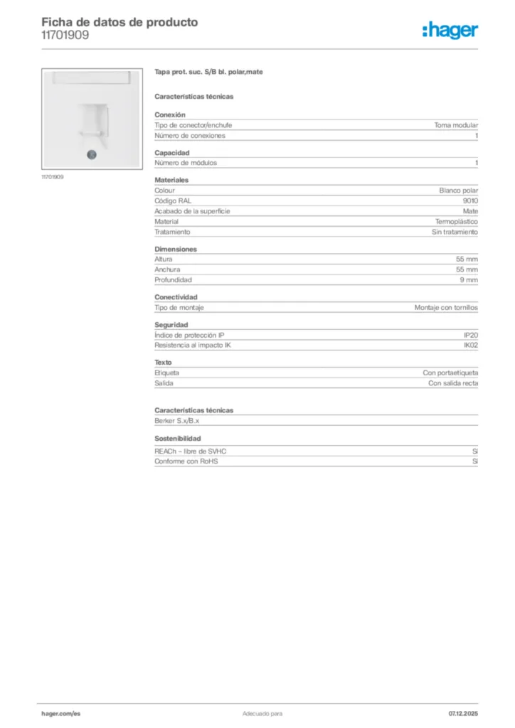 Imagen Hager Ficha de datos de producto 11701909 | Hager España