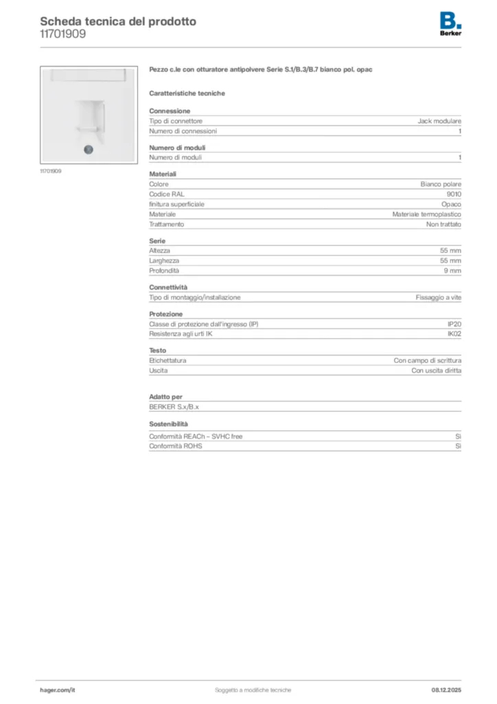 Immagine Berker Scheda tecnica del prodotto 11701909 | Hager Italia