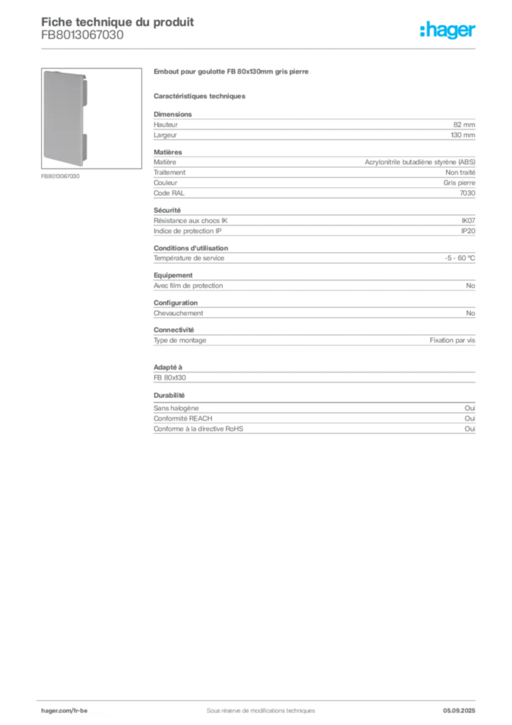 Image Hager Fiche technique du produit FB8013067030 | Hager Belgique