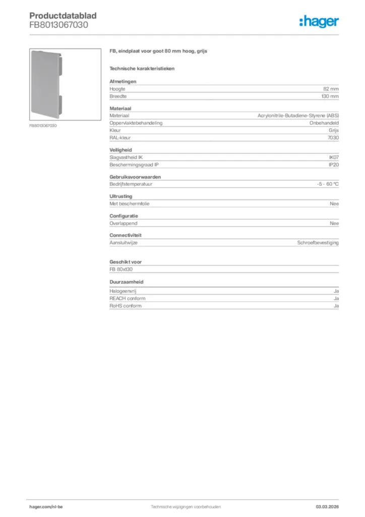 Afbeelding Hager Productdatablad FB8013067030 | Hager Belgium