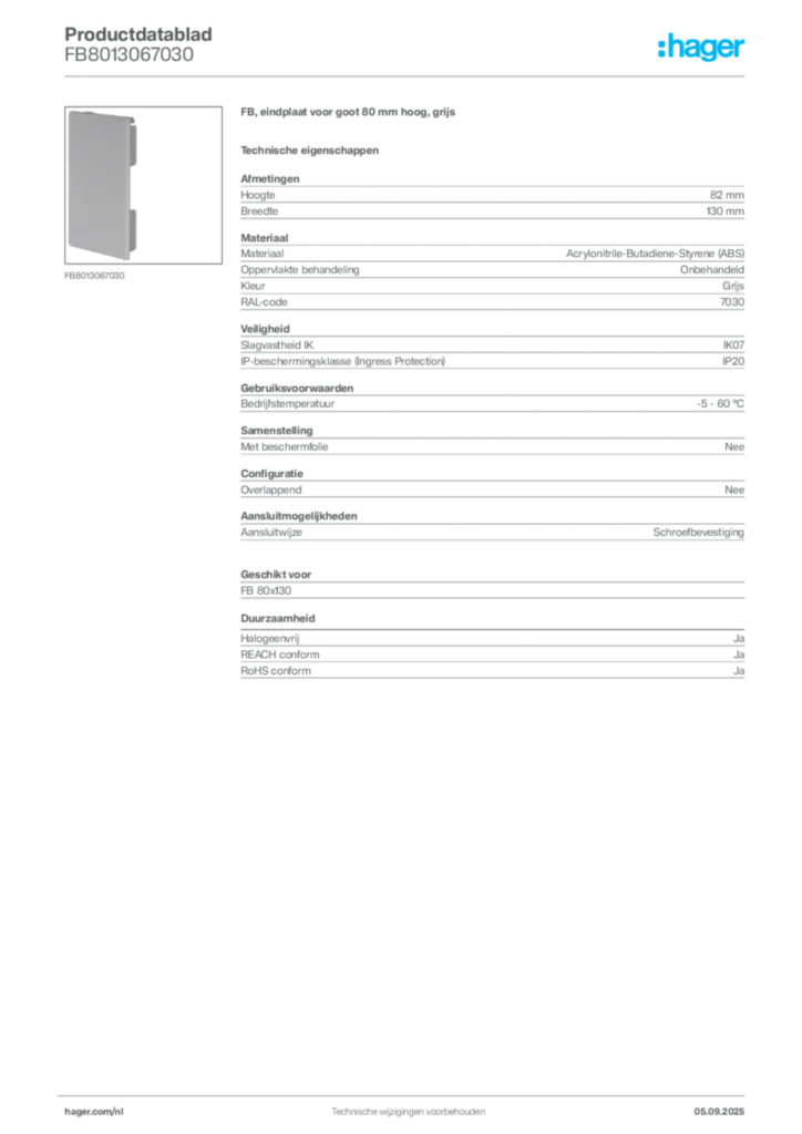 Afbeelding Hager Productdatablad FB8013067030 | Hager Nederland