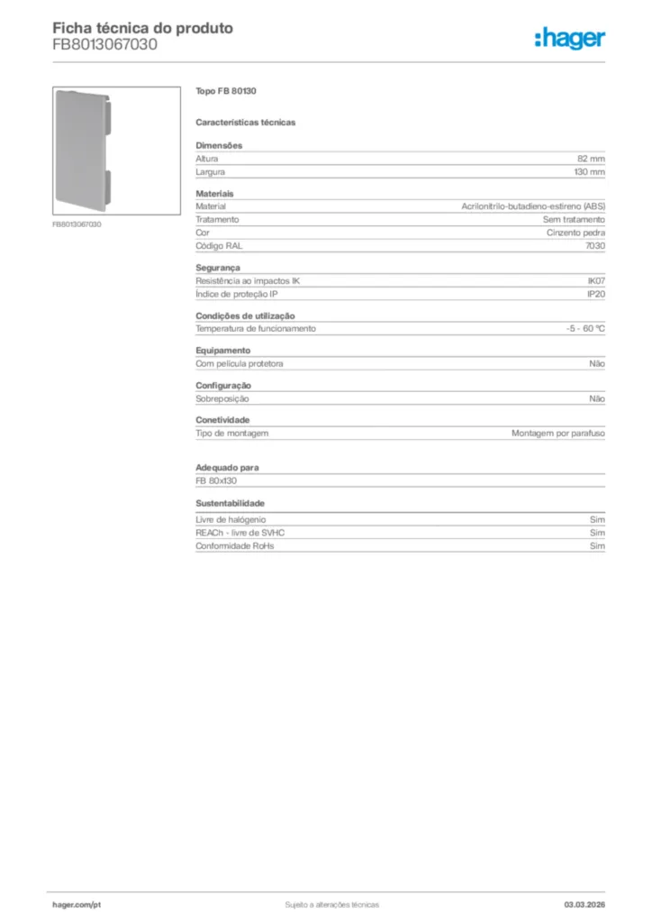 Imagem Hager Ficha técnica do produto FB8013067030 | Hager Portugal