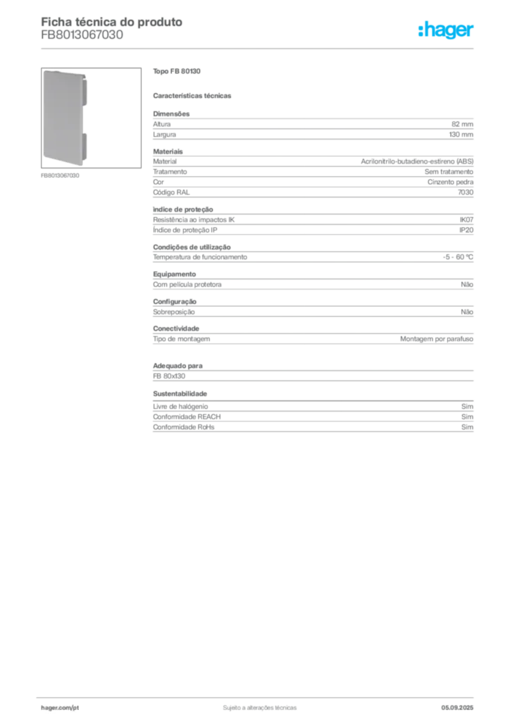 Imagem Hager Ficha técnica do produto FB8013067030 | Hager Portugal