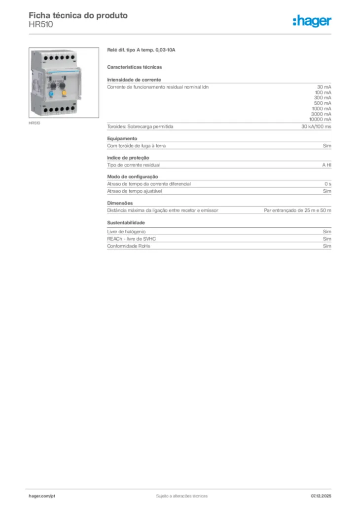 Imagem Hager Ficha técnica do produto HR510 | Hager Portugal