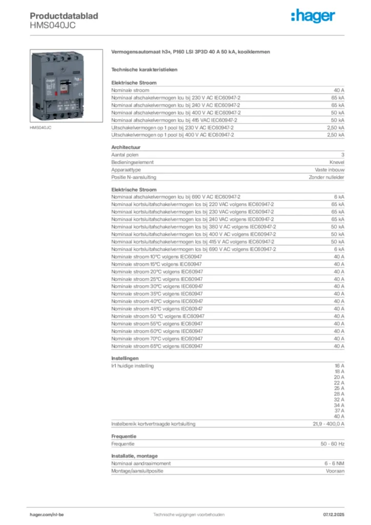 Afbeelding Hager Productdatablad HMS040JC | Hager Belgium