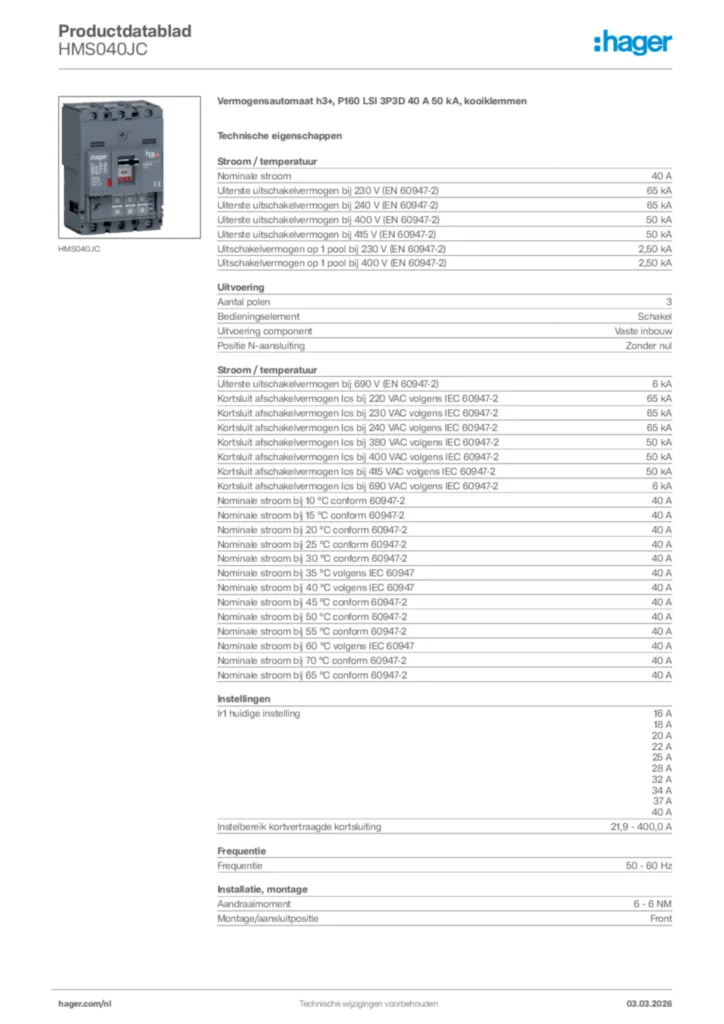 Afbeelding Hager Productdatablad HMS040JC | Hager Nederland