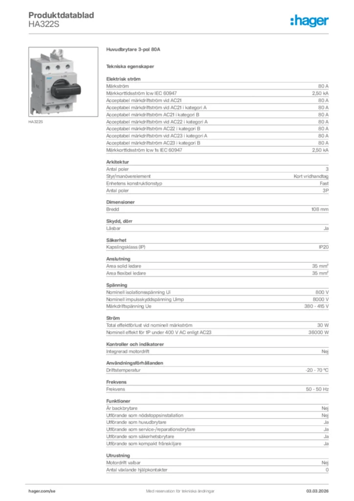 Bild Hager Produktdatablad HA322S | Hager Sverige