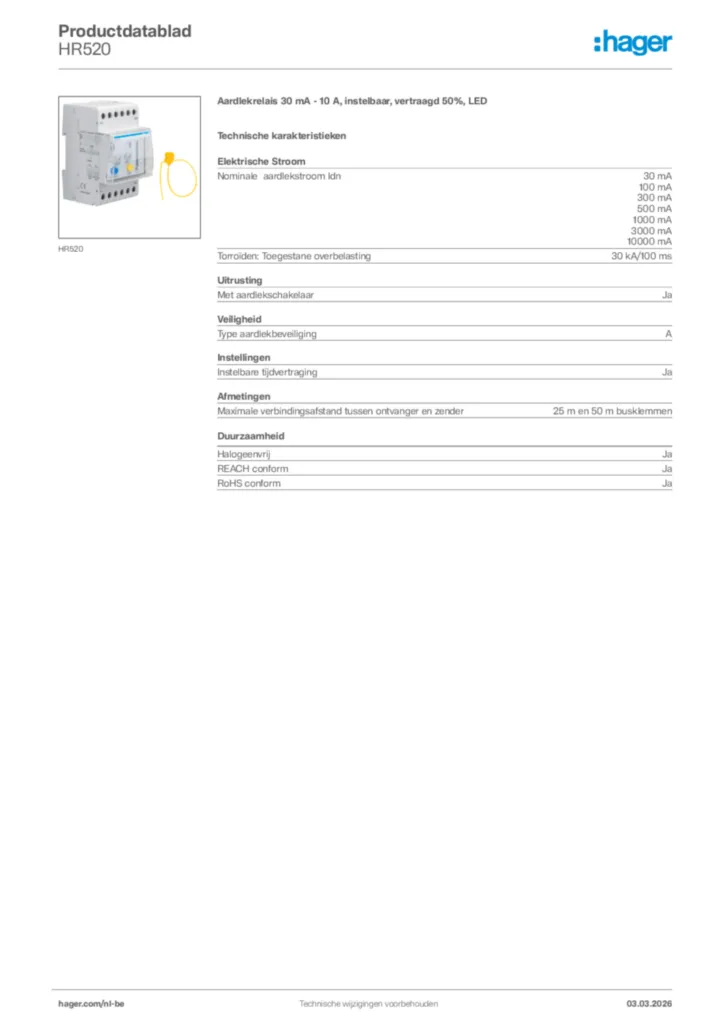 Afbeelding Hager Productdatablad HR520 | Hager Belgium