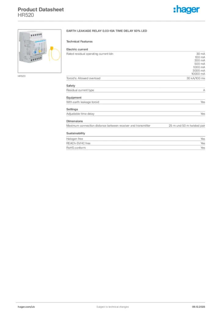 Image Hager Product data sheet HR520  | Hager