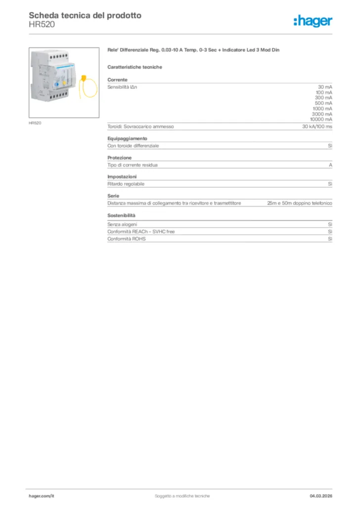 Immagine Hager Scheda tecnica del prodotto HR520 | Hager Italia
