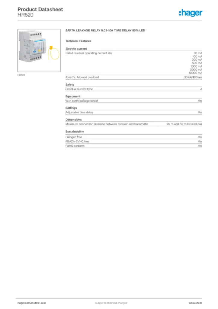Image Hager Product data sheet HR520  | Hager