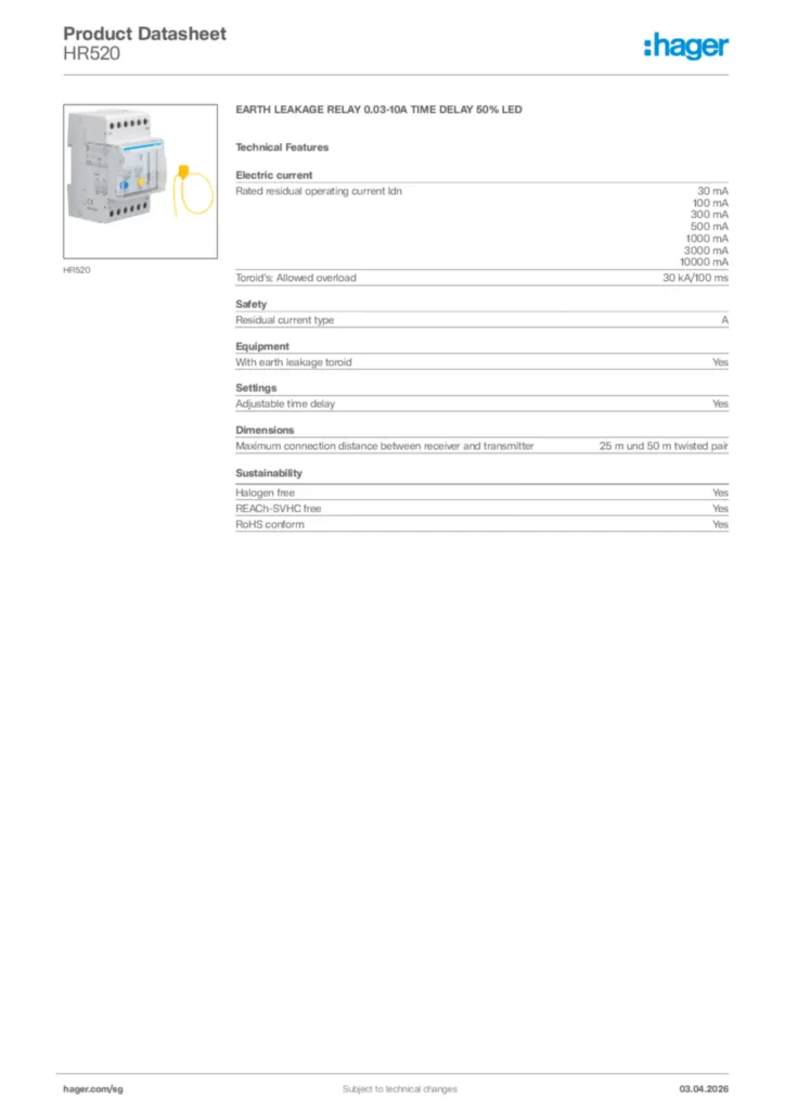 Image Hager Product data sheet HR520  | Hager