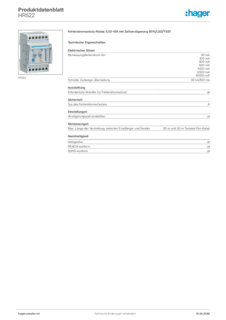 Bild Hager Produktdatenblatt HR522 | Hager Schweiz
