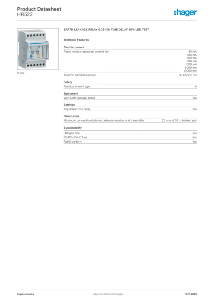 Image Hager Product data sheet HR522  | Hager
