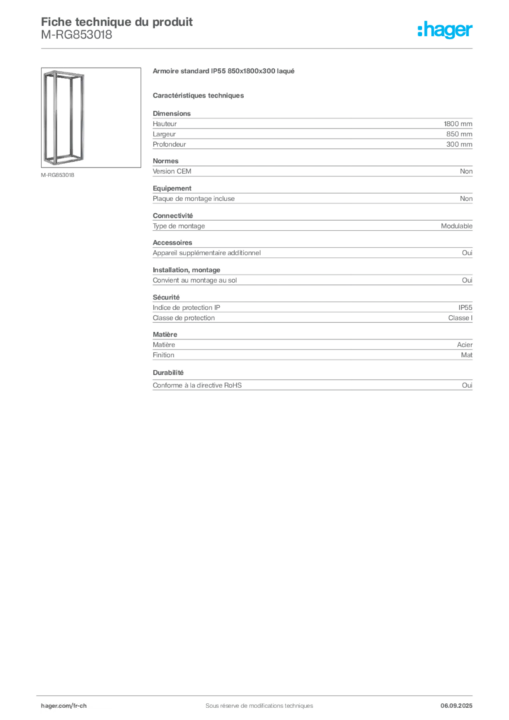 Image Hager Fiche technique du produit M-RG853018 | Hager Suisse