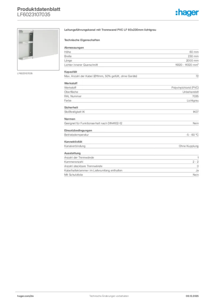 Bild Hager Produktdatenblatt LF6023107035 | Hager Deutschland