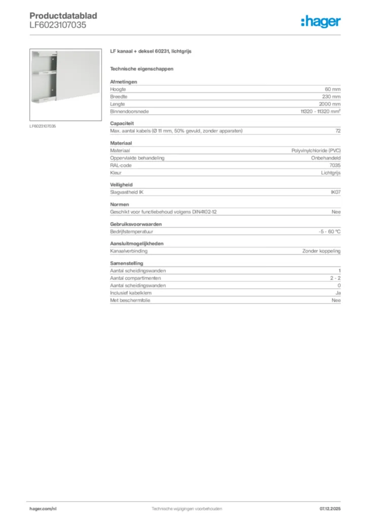 Afbeelding Hager Productdatablad LF6023107035 | Hager Nederland