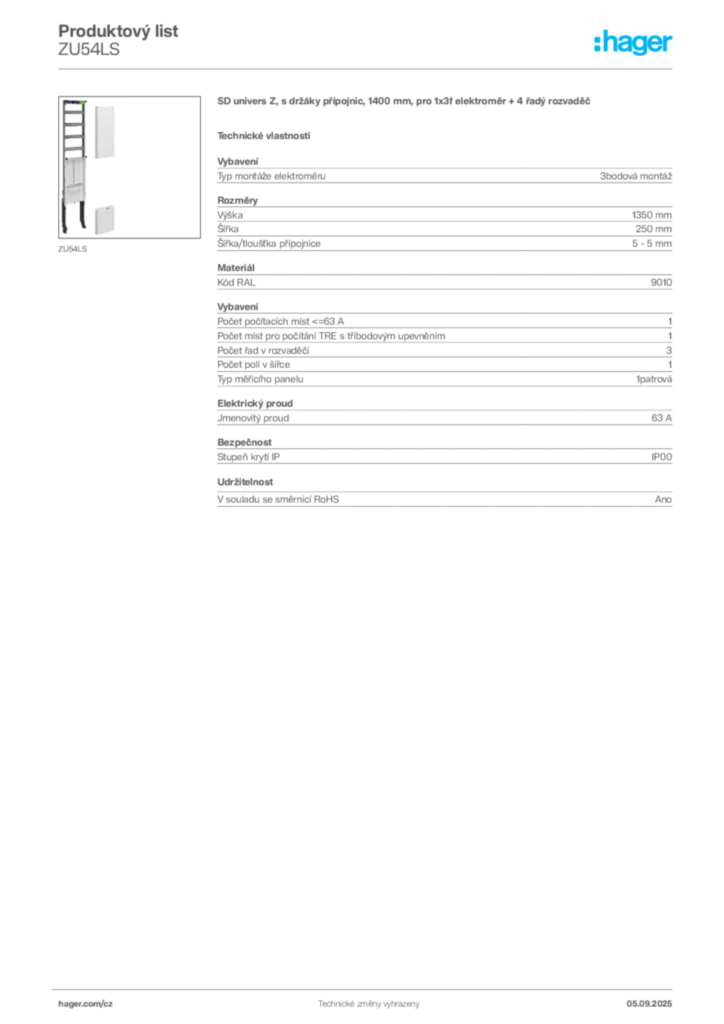 Obrázek Hager Produktový list ZU54LS | Hager
