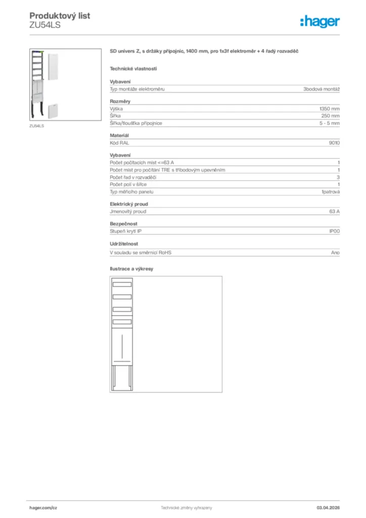 Obrázek Hager Product data sheet ZU54LS | Hager