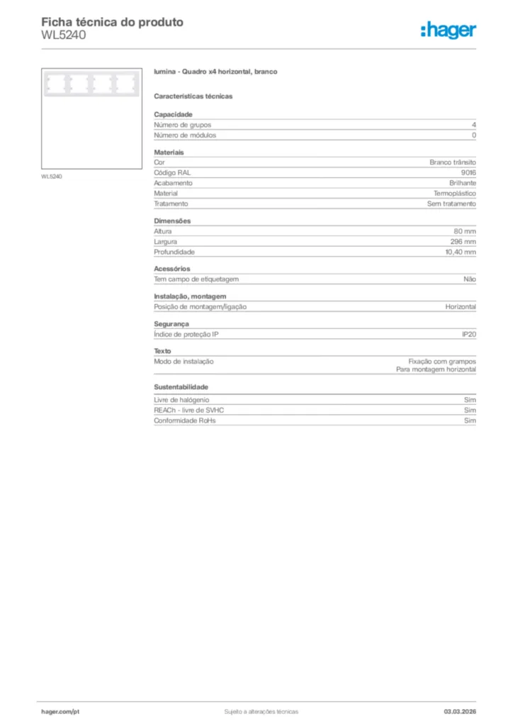 Imagem Hager Ficha técnica do produto WL5240 | Hager Portugal
