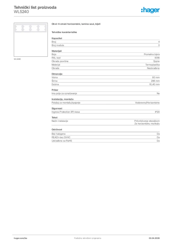 Slika Hager Tehnički list proizvoda WL5240  | Hager