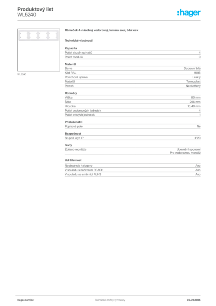 Obrázek Hager Produktový list WL5240 | Hager