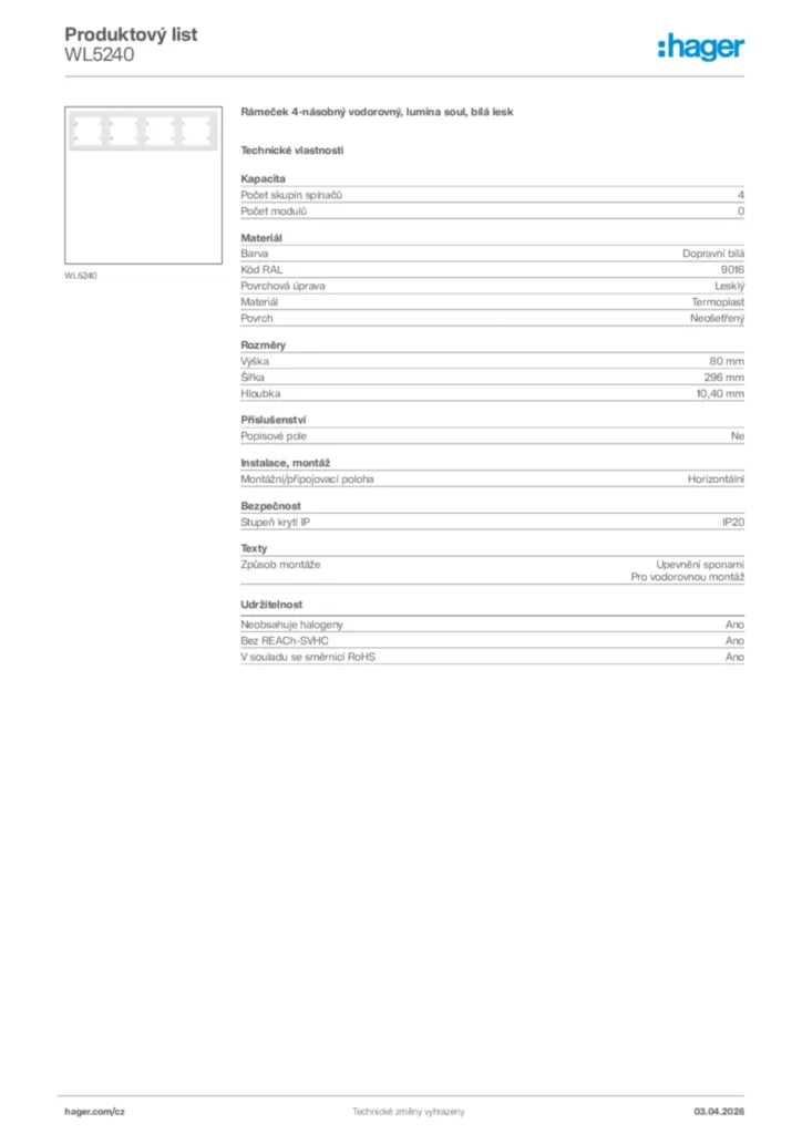 Obrázek Hager Product data sheet WL5240 | Hager