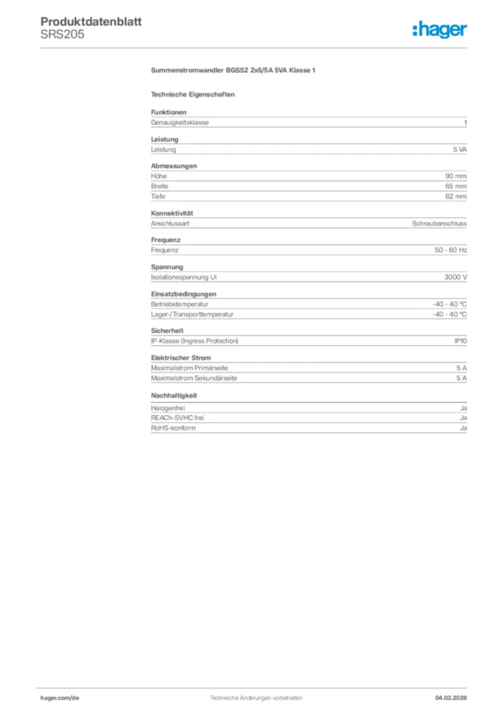 Bild Hager Produktdatenblatt SRS205 | Hager Deutschland