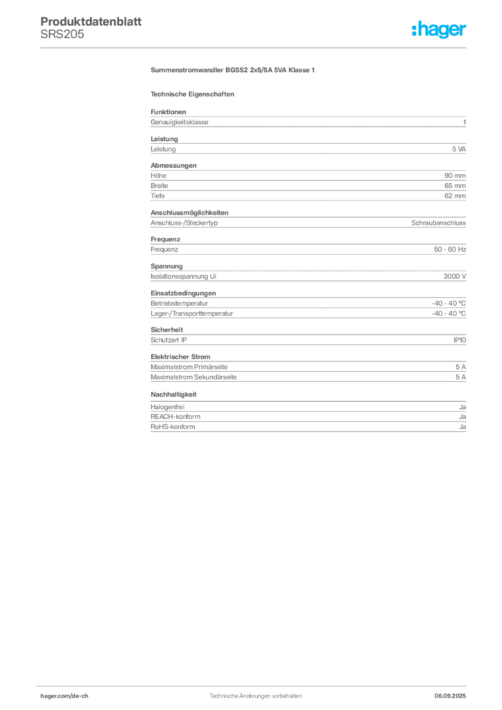 Bild Hager Produktdatenblatt SRS205 | Hager Schweiz