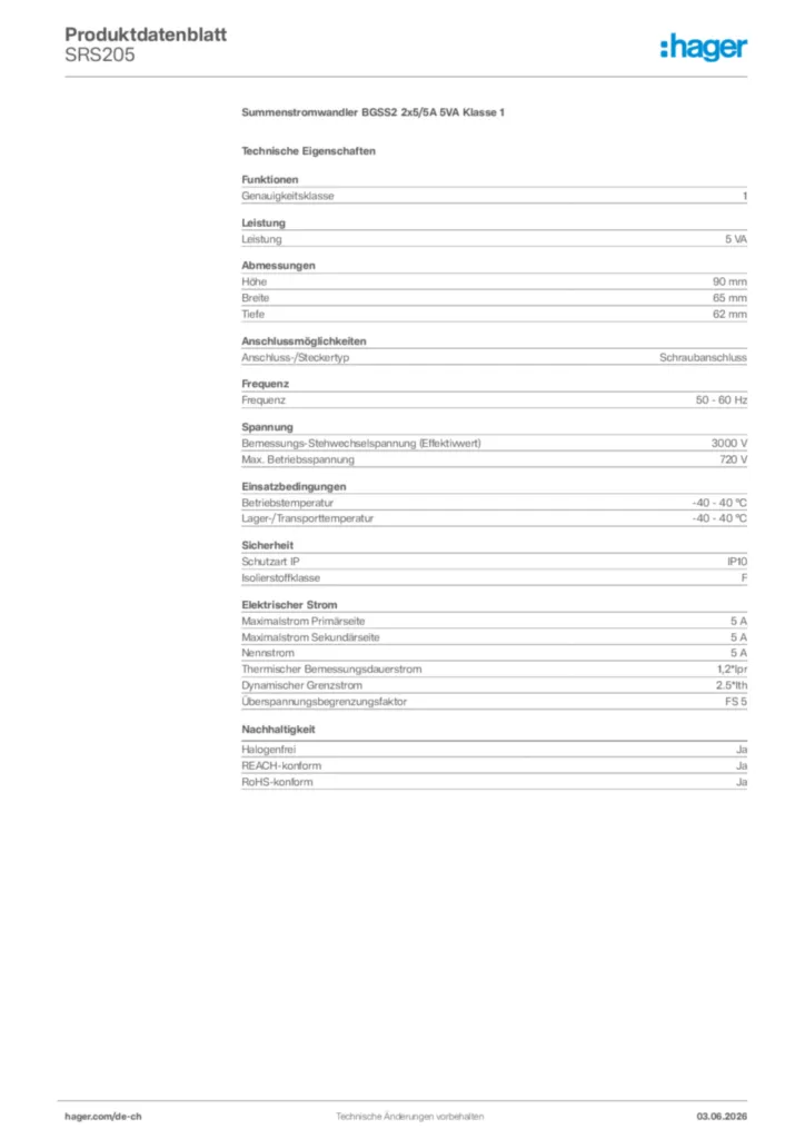 Bild Hager Produktdatenblatt SRS205 | Hager Schweiz