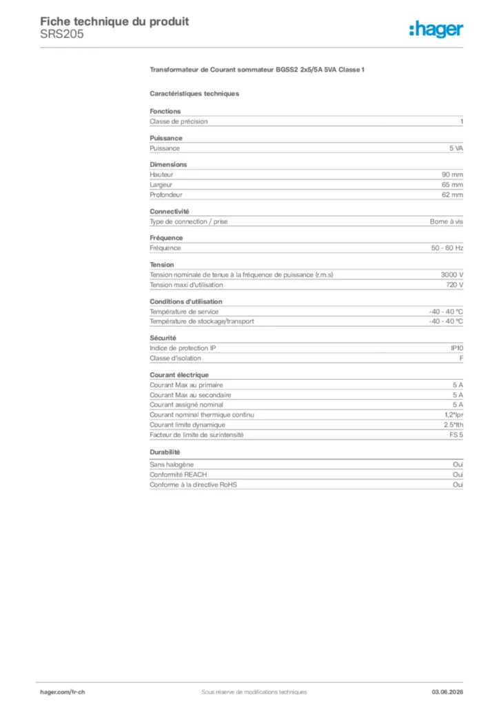 Image Hager Fiche technique du produit SRS205 | Hager Suisse