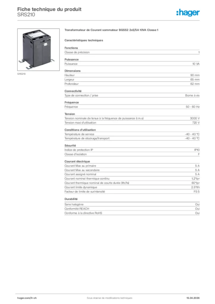 Image Hager Fiche technique du produit SRS210 | Hager Suisse