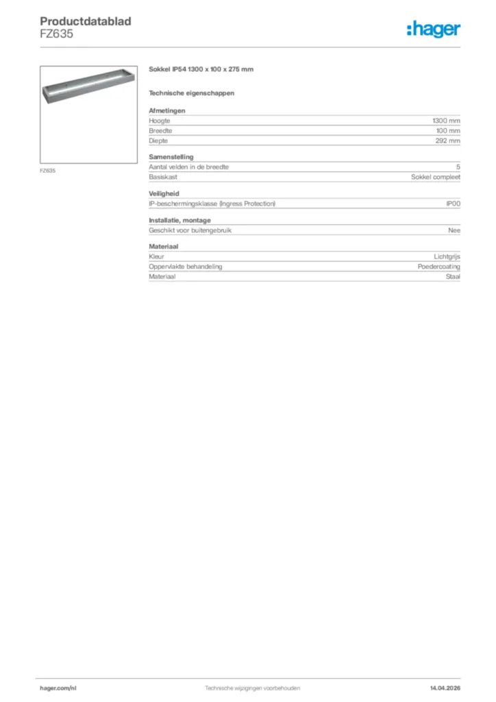 Afbeelding Hager Productdatablad FZ635 | Hager Nederland