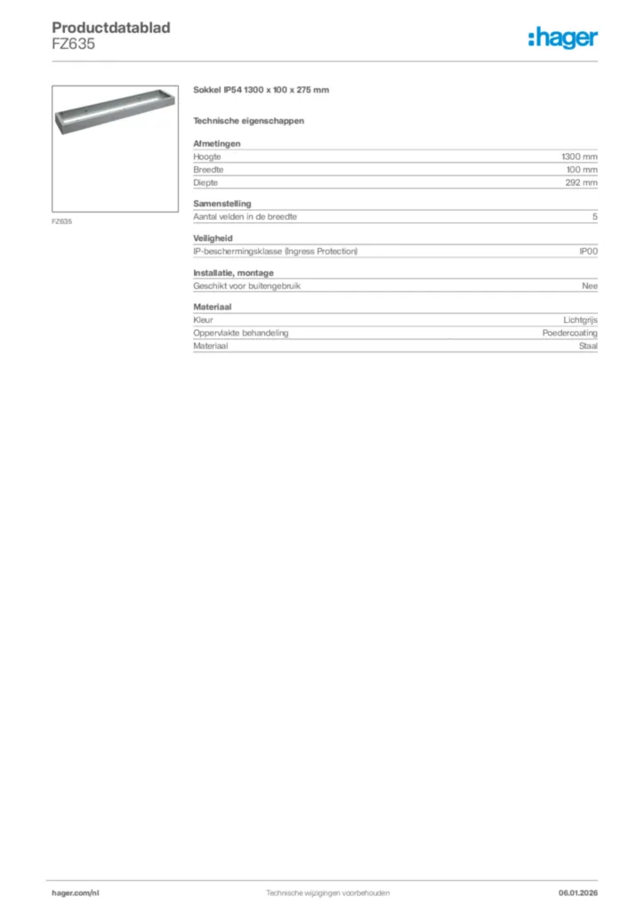 Afbeelding Hager Productdatablad FZ635 | Hager Nederland