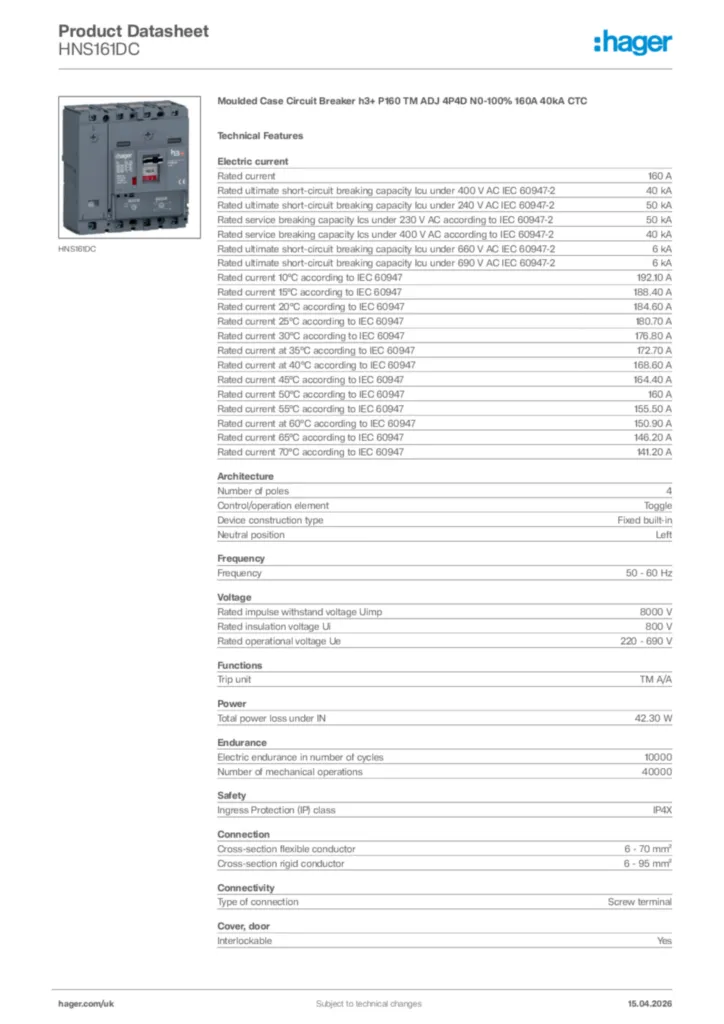 Image Hager Product data sheet HNS161DC  | Hager