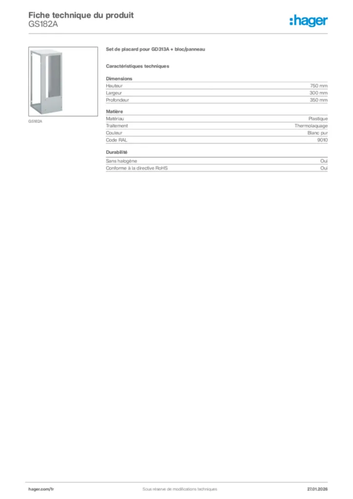 Image Hager Fiche technique du produit GS182A | Hager France