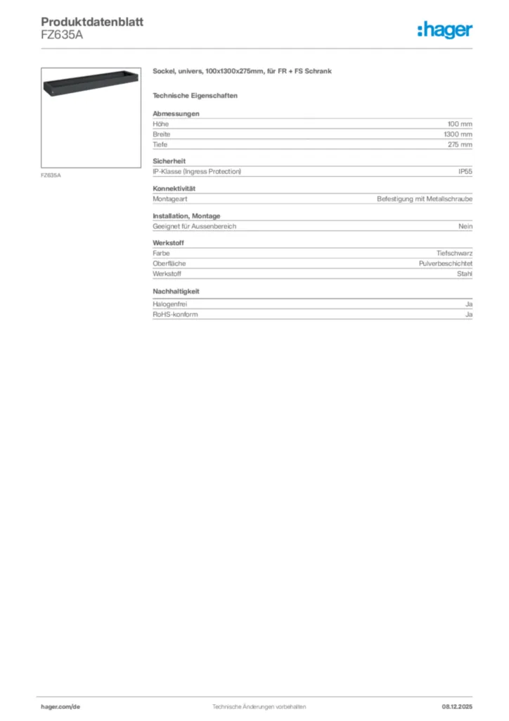 Hager Produktdatenblatt FZ635A