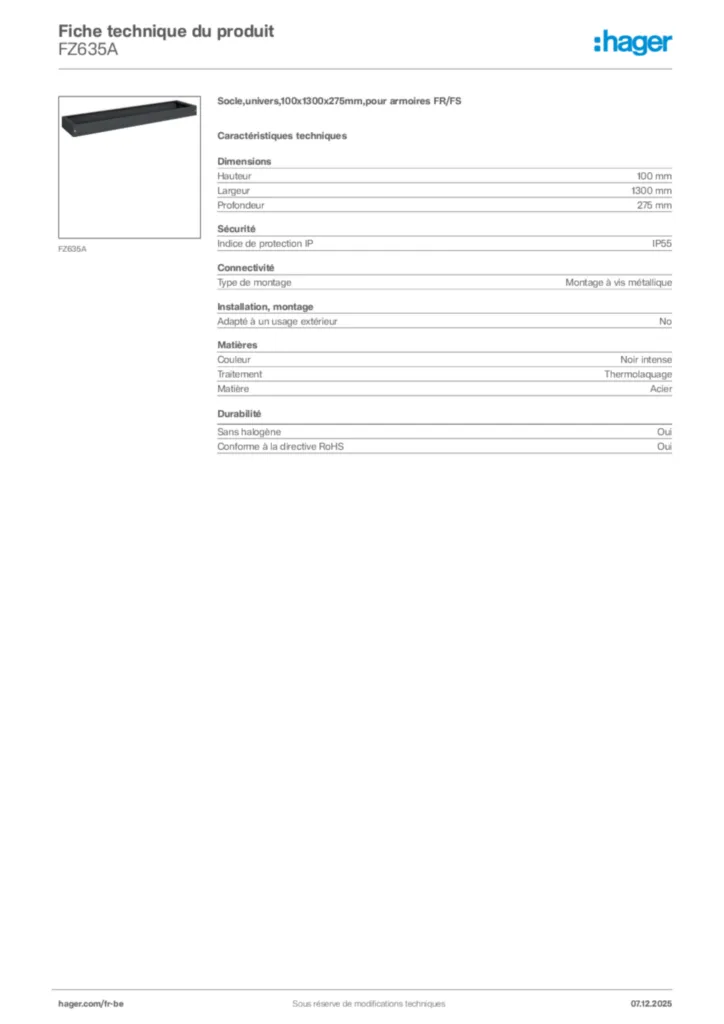 Image Hager Fiche technique du produit FZ635A | Hager Belgique