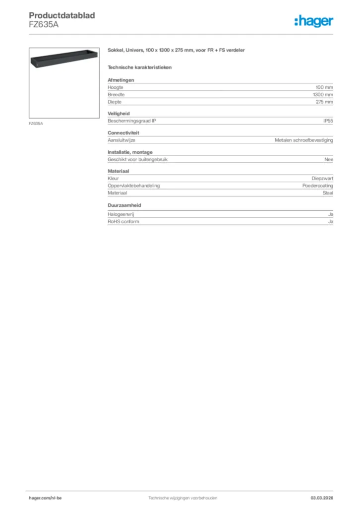 Afbeelding Hager Productdatablad FZ635A | Hager Belgium