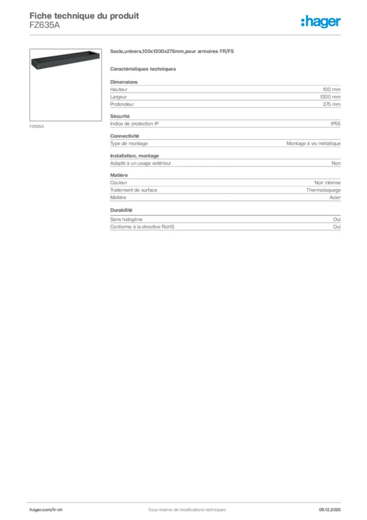 Image Hager Fiche technique du produit FZ635A | Hager Suisse